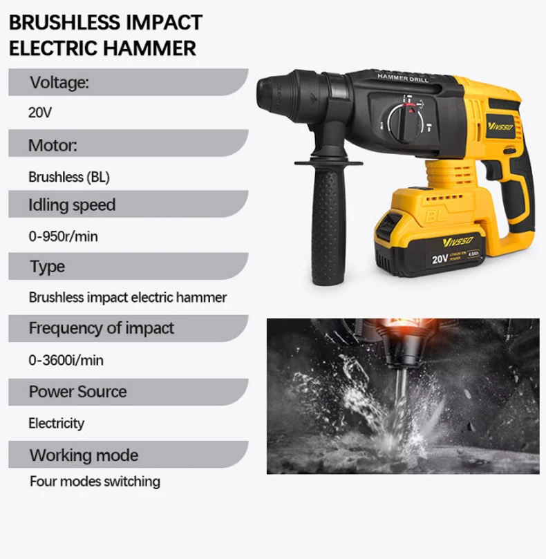 Vivso elétrica sem escova mart - Cordless Rotary Hammer 20V Brushless avaliação e preço